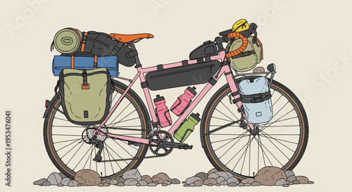 The bicycle loaded with luggage and gear stands on rugged terrain outdoors