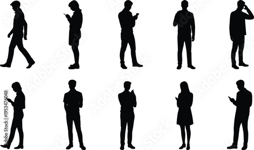 Smartphone user silhouettes, people with mobile devices, modern technology lifestyle, casual human poses, digital communication artwork, everyday tech behavior icons