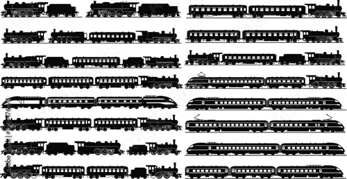 Train silhouettes collection featuring steam locomotives passenger wagons and modern high speed trains for railway transport and vintage transportation design