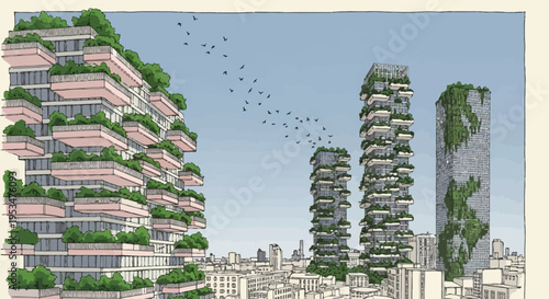 Futuristic cityscape with green skyscrapers and urban landscape illustration