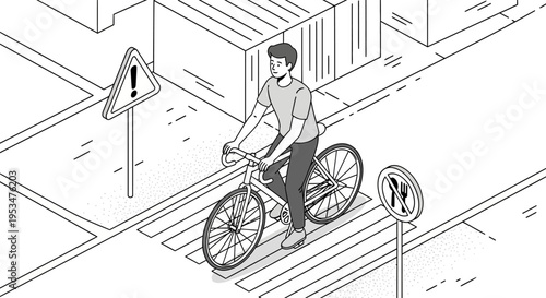 Man rides bicycle across city street with traffic signs nearby