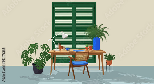 A serene indoor scene with a desk, chair, and plants near a window