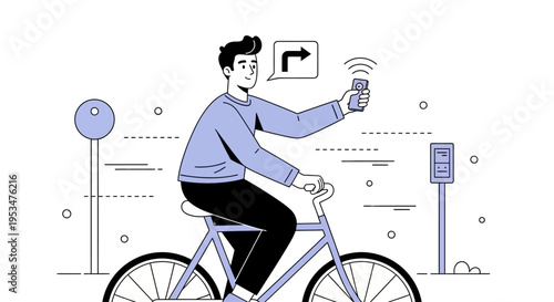 Man riding bicycle outdoors holding phone with signal Technology