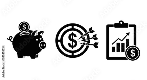 Financial planning icons show piggy bank, target with arrows and clipboard with growing graph.