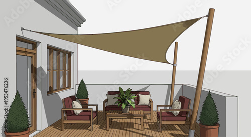 Outdoor patio furniture set with shade sail on balcony with plants