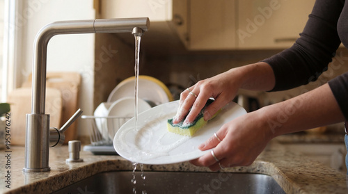 Quadro su tela Close-up of woman's hands diligently washing a white plate with a sponge under running water in a kitchen sink