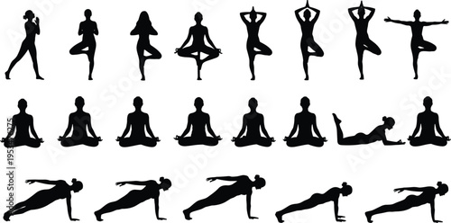 Yoga silhouettes set with meditation balance and stretching poses for fitness training mindfulness wellness and healthy lifestyle practice concept