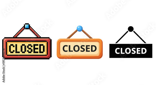 Three colorful closed signs hang on a wall in a row.