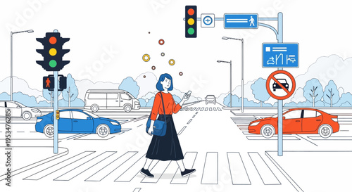 Woman crosses street with thoughts at urban intersection with traffic lights and cars