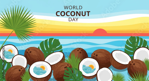 Coconuts on beach at sunset world coconut day tropical background with palm leaves and ocean waves