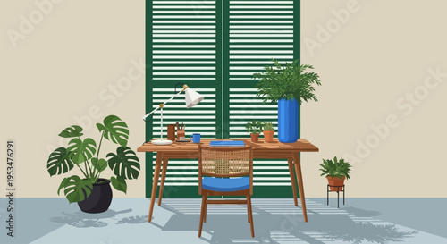 A serene indoor scene with a wooden desk, chair, and several potted plants arranged near a window with green shutters.