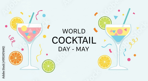 Colorful cocktails with confetti and citrus fruits for world cocktail day celebration in may