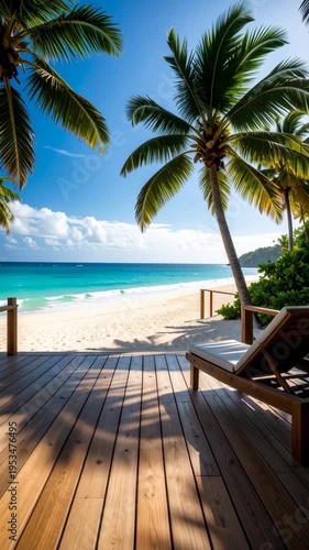 Tropical beach view from a wooden terrace with palm trees and a comfortable lounge chair under a blue sky