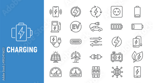 Electric vehicle charging and renewable energy source icons collection