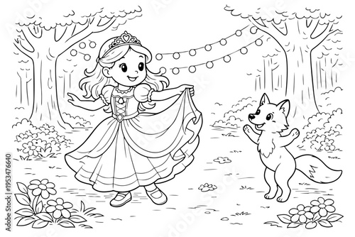 Enchanting fairytale princess dancing with a joyful fox in a magical forest clearing surrounded by flowers and trees, perfect for children’s coloring page art