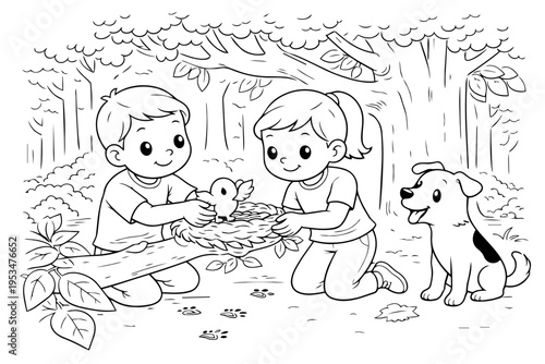 Two children gently returning a baby bird to its nest in the forest while their dog watches nearby, teaching kindness, responsibility and love for wildlife and nature