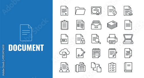 Collection of document and contract related line icons on blue background