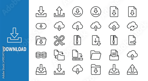 Collection of download and upload icons in a linear style