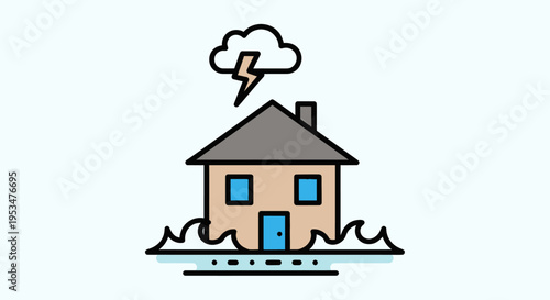 House in flood waters with lightning.