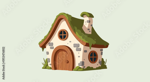 Small white house with green roof.