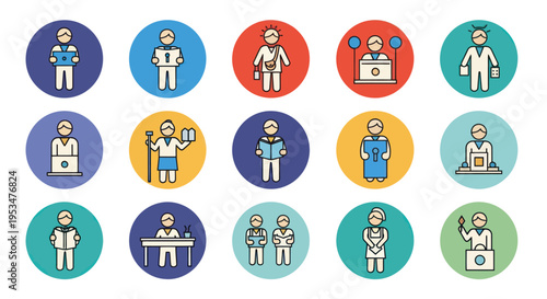 Doctors in various medical poses icons.