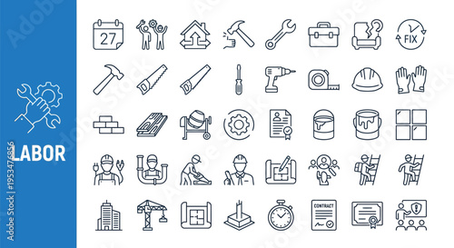 Collection of line icons representing various construction and labor themes