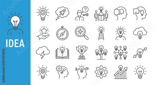 Collection of line art icons representing ideas innovation and problem solving
