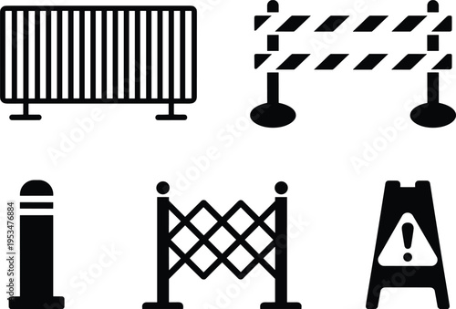 Road barrier and safety fence icons set construction warning sign traffic control equipment vector illustration protection barricade collection design