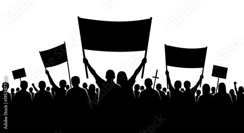 People holding protest banners signs.