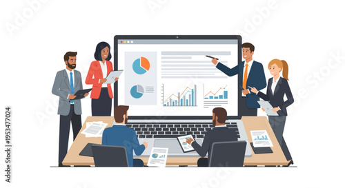 Business people discussing data on screen.