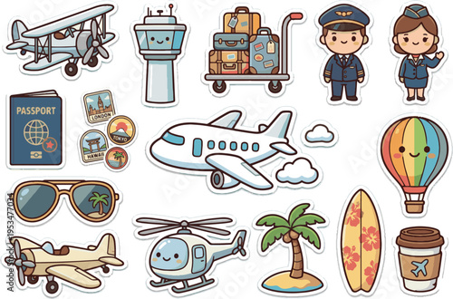 Cute Commercial Airplane Vector Sticker. Chubby passenger flight plane with cloud isolated.