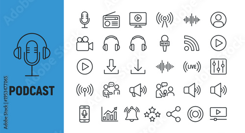 Collection of podcasting and media production related line icons