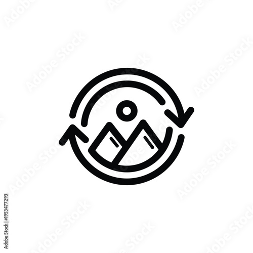 A simple black line illustration shows a circular arrow rotating around a mountain landscape with a sun.