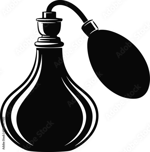 Vintage perfume atomizer bottle silhouette vector illustration, classic fragrance spray design, elegant cosmetic container icon isolated on white background