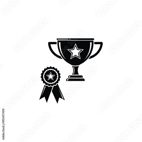 A trophy and a ribbon are placed on a surface for award.