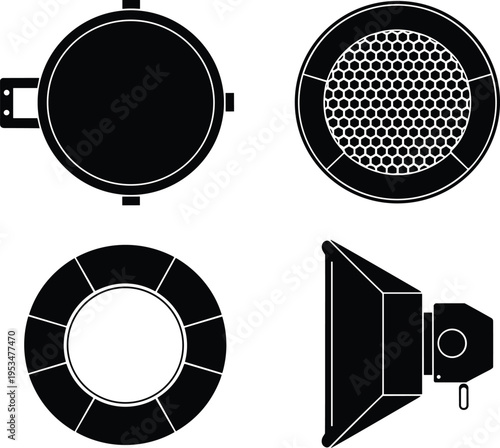 Studio lighting equipment icons set softbox reflector spotlight photography gear vector illustration professional lighting tools collection design pack