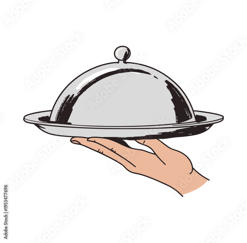 Human hand holding a vector silver cloche on a tray, creating an elegant, fine dining presentation