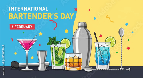 International bartender's day celebration with colorful cocktails and bar tools on a festive background