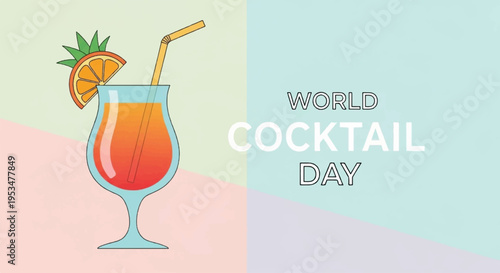 Vibrant orange cocktail with pineapple garnish and straw on colorful background for world cocktail day