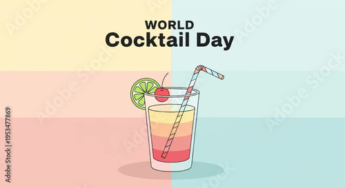 Colorful cocktail glass with straw and lime on world cocktail day celebration background