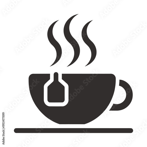 Vector of a steaming cup of tea with a tea bag dangling inside