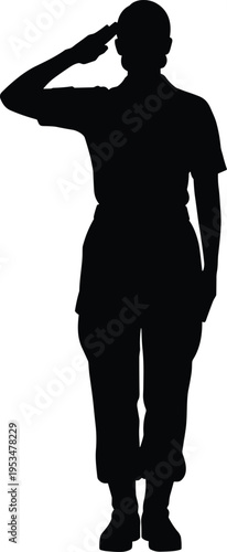 PrintBlack silhouette of female soldier saluting in military uniform isolated on 