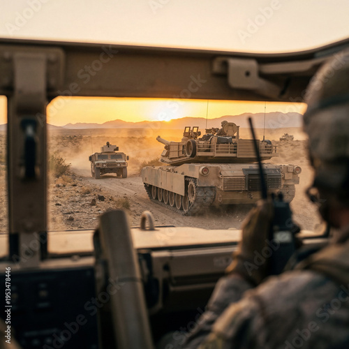 A soldier communicating via radio from inside a military vehicle.