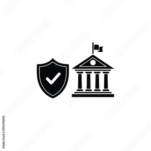 A shield with a checkmark stands beside a government building icon.