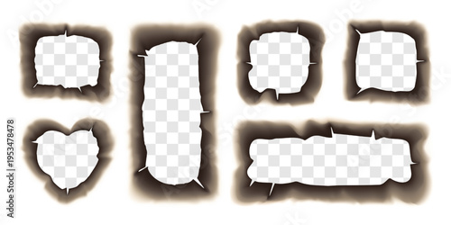 Burning hole in paper, fired edge of round, square and heart shape. Hot flame uneven faded ash frame, tear corners and fiery texture effect. Broken torn parchment sheet for collage, scrapbooking frame