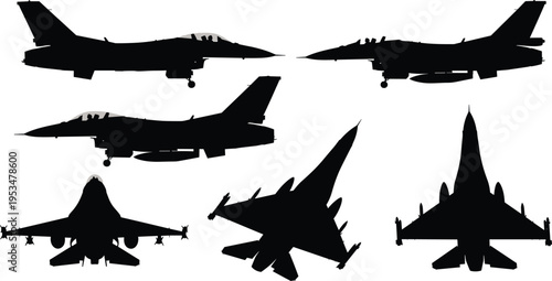 PrintBlack silhouette of military fighter jets in various flight positions and angles isolated on white background