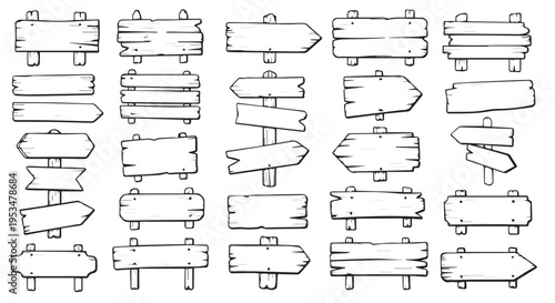 Hand drawn set of wooden road signs, blank rustic wood directional planks and banners collection isolated on white background.