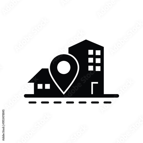 A map pin marks a location near buildings and a house.