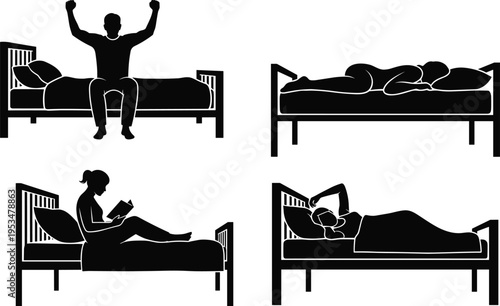 Black silhouette of people sleeping reading waking up and lying in bed isolated on white