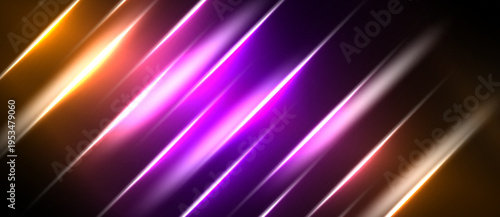Abstract lines, vibrant colors, diagonal streaks. Bright orange transitions into purple, creating dynamic visual effect. Dark background emphasizes luminosity.